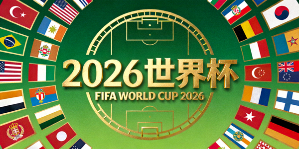 2026世界杯官方海报，多国国旗与球场轮廓，绿色与金色设计